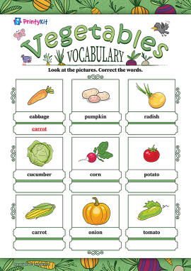 Corectăm denumirile legumelor în limba engleză, învățăm cuvinte din tema „Vegetables”
