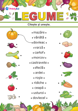 Citește și unește cuvintele cu imaginile pe tema „Legume”