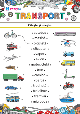 Citește cuvintele și unește-le cu imaginile corespunzătoare pe tema „Transportul”