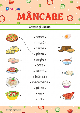 Citește cuvintele și unește-le cu imaginile din tema „Mâncare”.