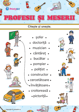 Citește cuvintele și unește-le cu imaginile corespunzătoare pe tema „Profesii și meserii”
