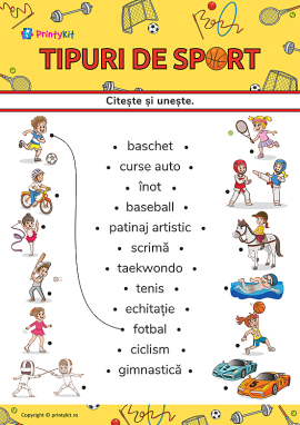Citește și unește cuvintele cu imaginile cu tema „Sporturi”