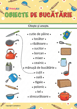 Citește și unește cuvintele cu imaginile pe tema „Obiecte de bucătărie.”