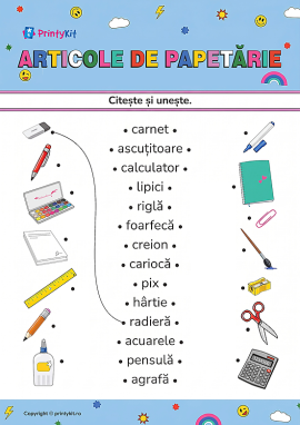 Citește și unește cuvintele și imaginile cu tema „Articole de papetărie”