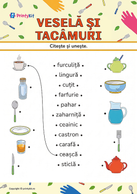Citește și uneste cuvintele cu imaginile pe tema „Veselă și tacâmuri”