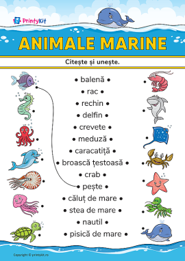Citește și unește cuvintele cu imaginile pe tema „Animale marine”