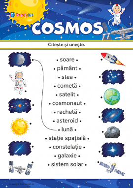 Citește și unște cuvintele cu imaginile pe tema „Cosmosul”