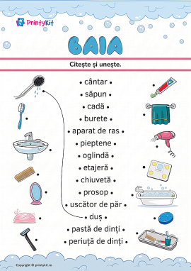 Citește și unește cuvintele cu imaginile pe tema „Baia”