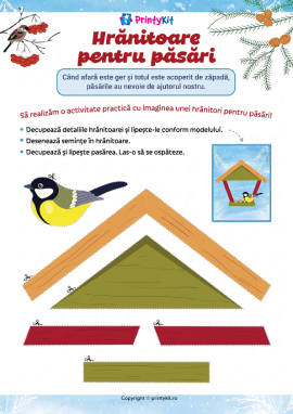Hrănitoarea pentru pițigoi: șablon pentru realizarea unei activități practice de iarnă din hârtie pentru preșcolari