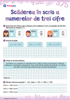 Un exercițiu de scădere în scris a numerelor în concentrul 0–1000