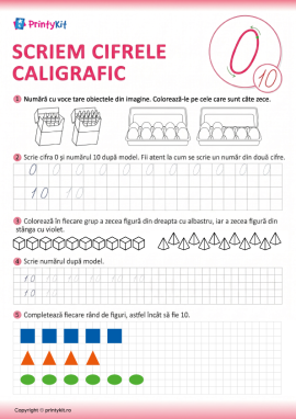 Scriem cifrele caligrafic (cifra 0 și numărul 10)