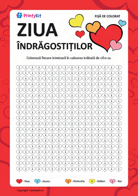 Planșă de colorat după numere „Ziua Îndrăgostiților”