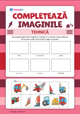 Completează desenele: activitate practică didactică despre vehicule și utilaje