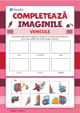 Completează desenele: activitate practică didactică despre vehicule și utilaje