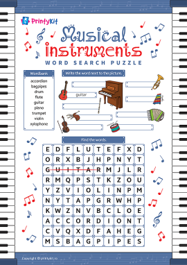 Puzzle „Instrumente muzicale” (limba engleză)