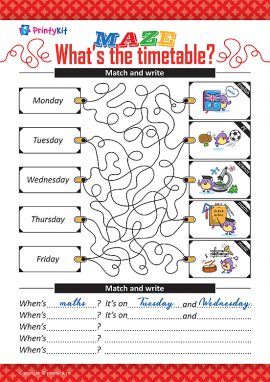 Labirint „Orarul școlar” în limba engleză: cuvinte pe temele „School subjects” și „Days of the week”